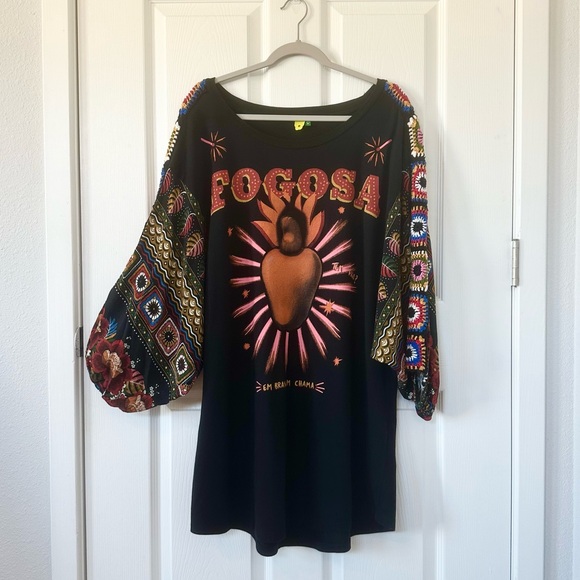 FARM Rio Dresses & Skirts - FARM Rio Graphic T-shirt Dress with Crochet Granny Square Balloon Sleeves